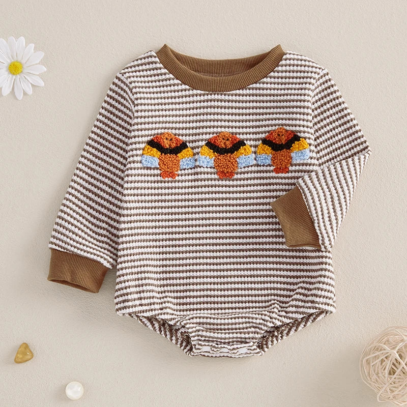 Casual Turkey Embroidery Striped Long Sleeve Romper