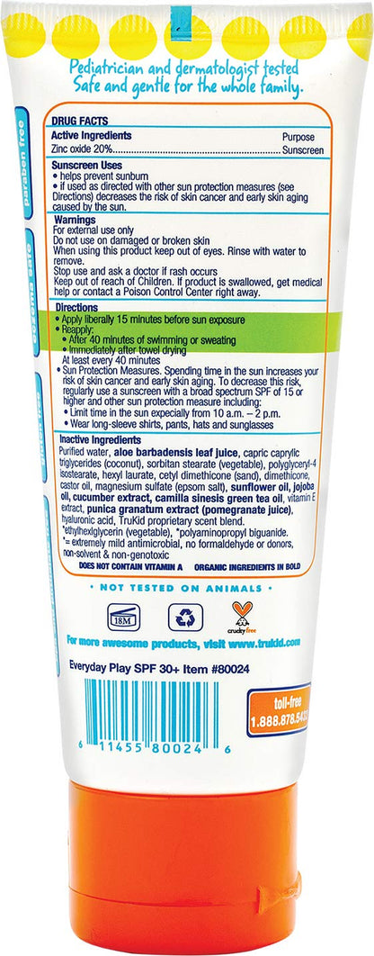 Trubaby Everyday Play SPF 30+ UVA/UVB Reef Safe Sunscreen Lotion, Mineral Based, Safe for Face & Body 2 Oz