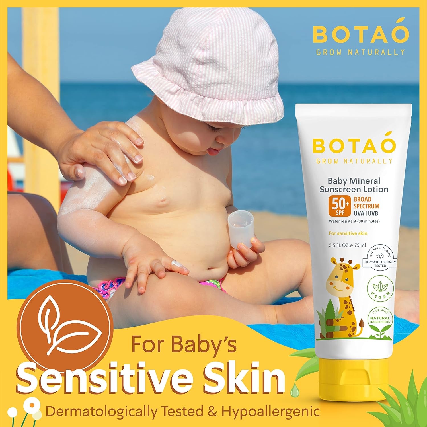 Baby 100% Mineral Zinc Oxide Baby Sunscreen – Safe Natural Sunblock Lotion for Babies: SPF50 Broad Spectrum UVA Uvb,For Sensitive Skin Baby Face Body Protection, Sunblock Cream 2.5 Oz