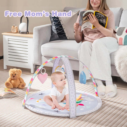 Baby Play Gym Mat Thicker Tummy Time Mat with 5 Detachable Hanging
