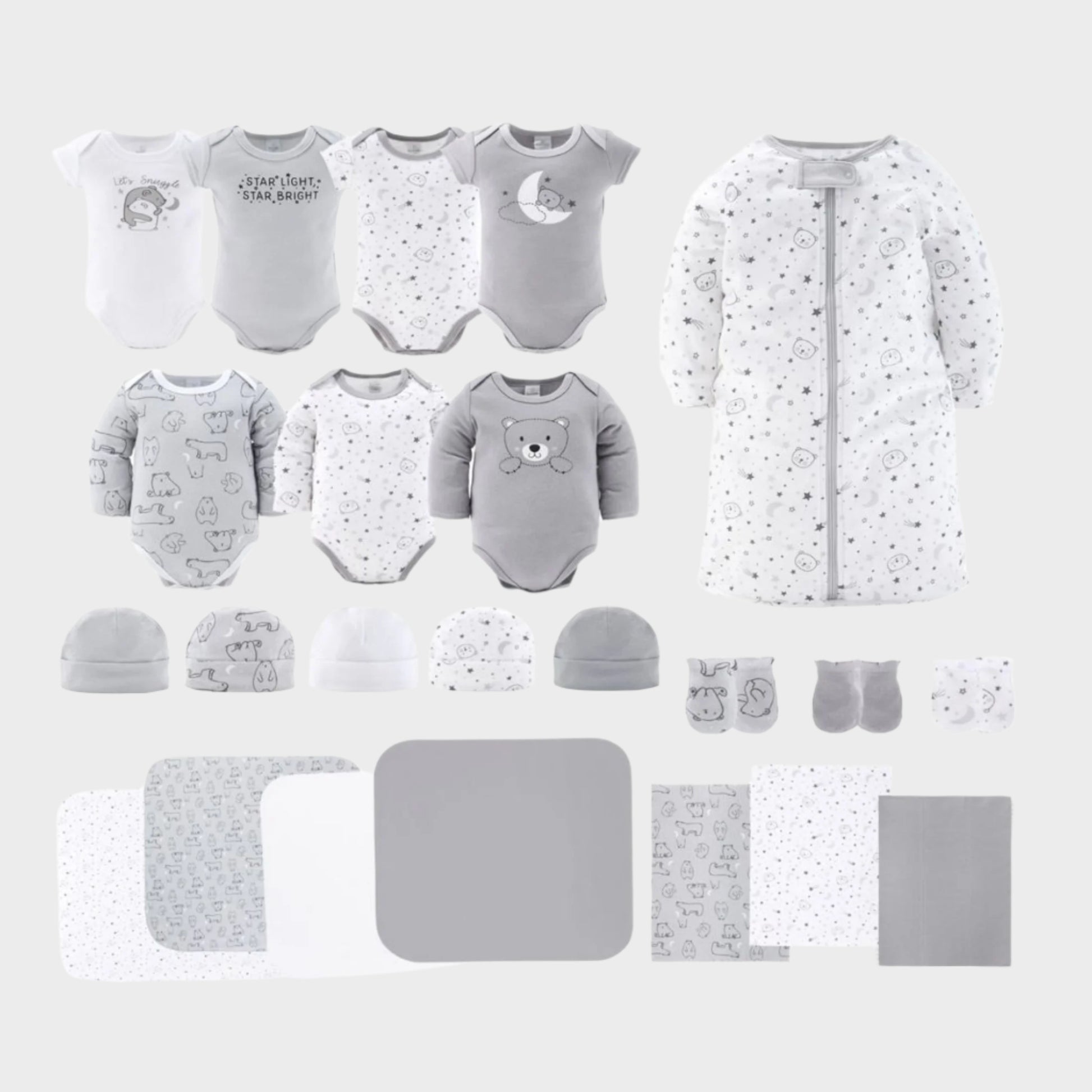 Newborn Baby Layette Gift Set for Baby Boys and Girls, Shower Gift Essentials, Grey and White Celestial Bears