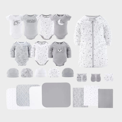 Newborn Baby Layette Gift Set for Baby Boys and Girls, Shower Gift Essentials, Grey and White Celestial Bears