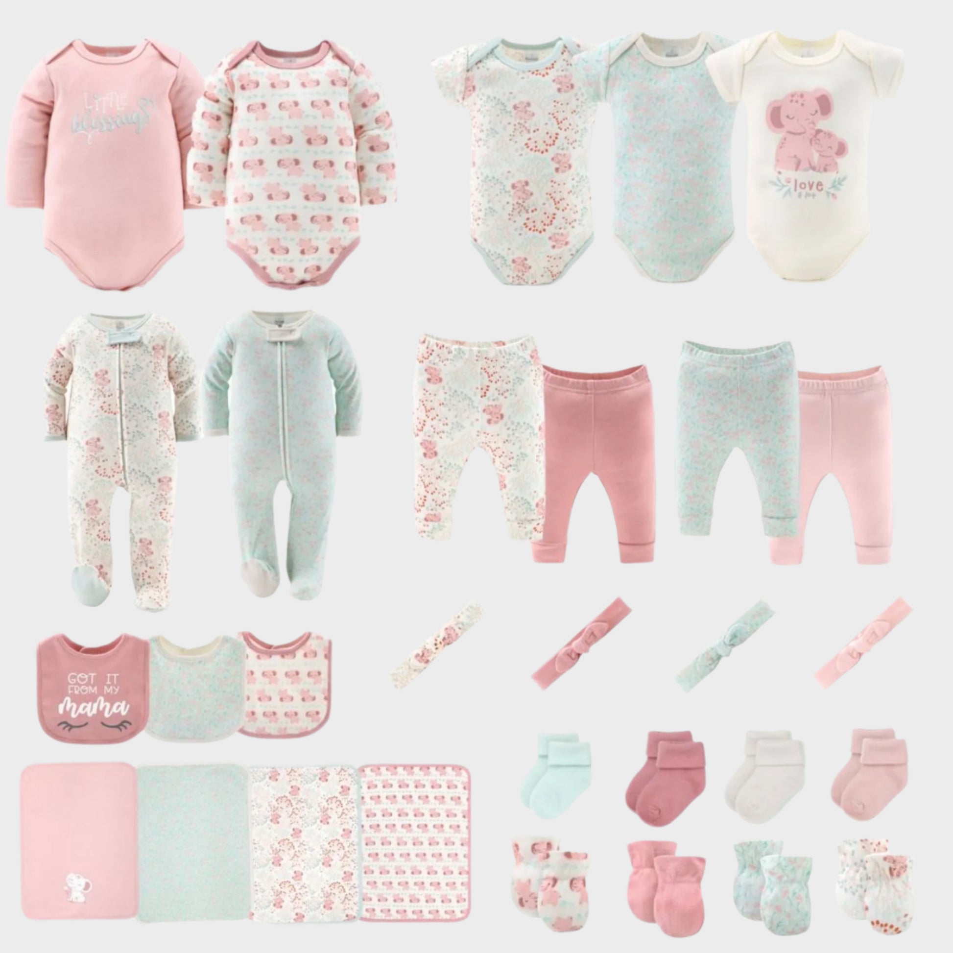 Newborn Layette Gift Set, Pink Floral Elephant, 30 Essential Pieces, 0-3 Months