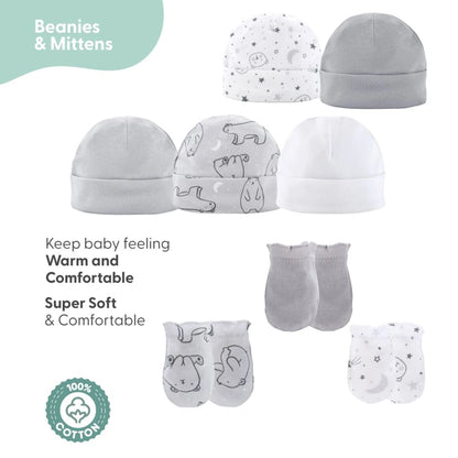 Newborn Baby Layette Gift Set for Baby Boys and Girls, Shower Gift Essentials, Grey and White Celestial Bears