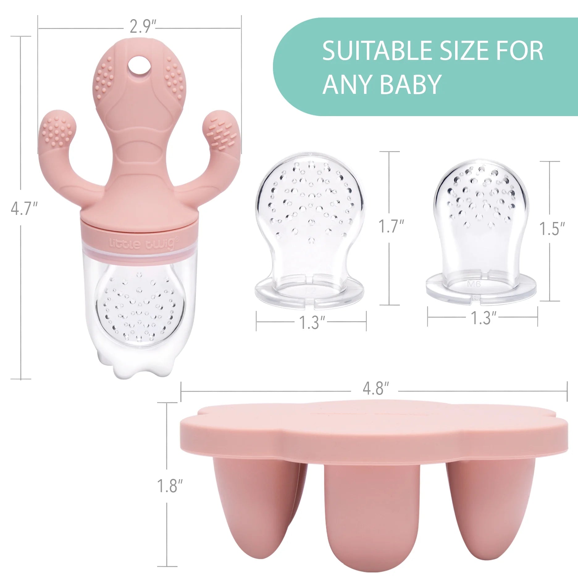 Silicone Baby Fruit Feeder and Teether Set with Breastmilk Popsicle Freezer Molds, Rose