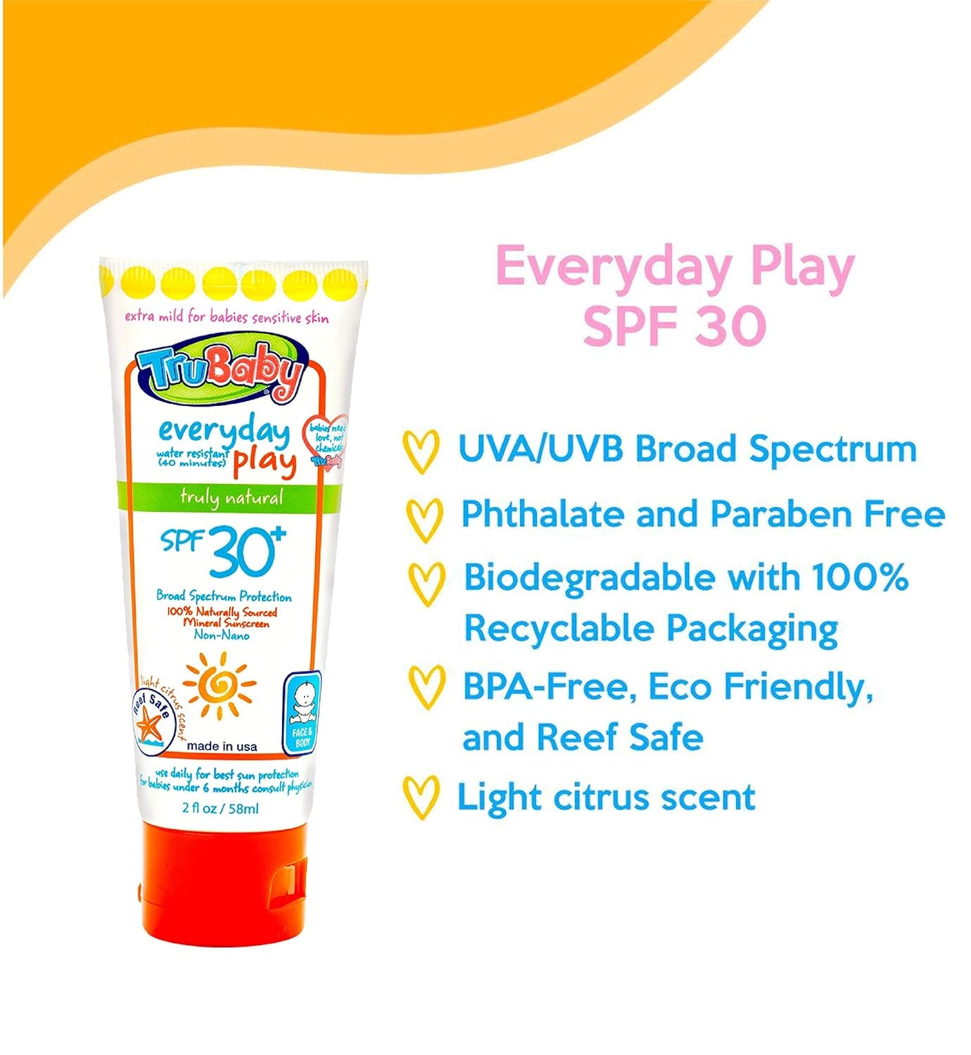 Trubaby Everyday Play SPF 30+ UVA/UVB Reef Safe Sunscreen Lotion, Mineral Based, Safe for Face & Body 2 Oz