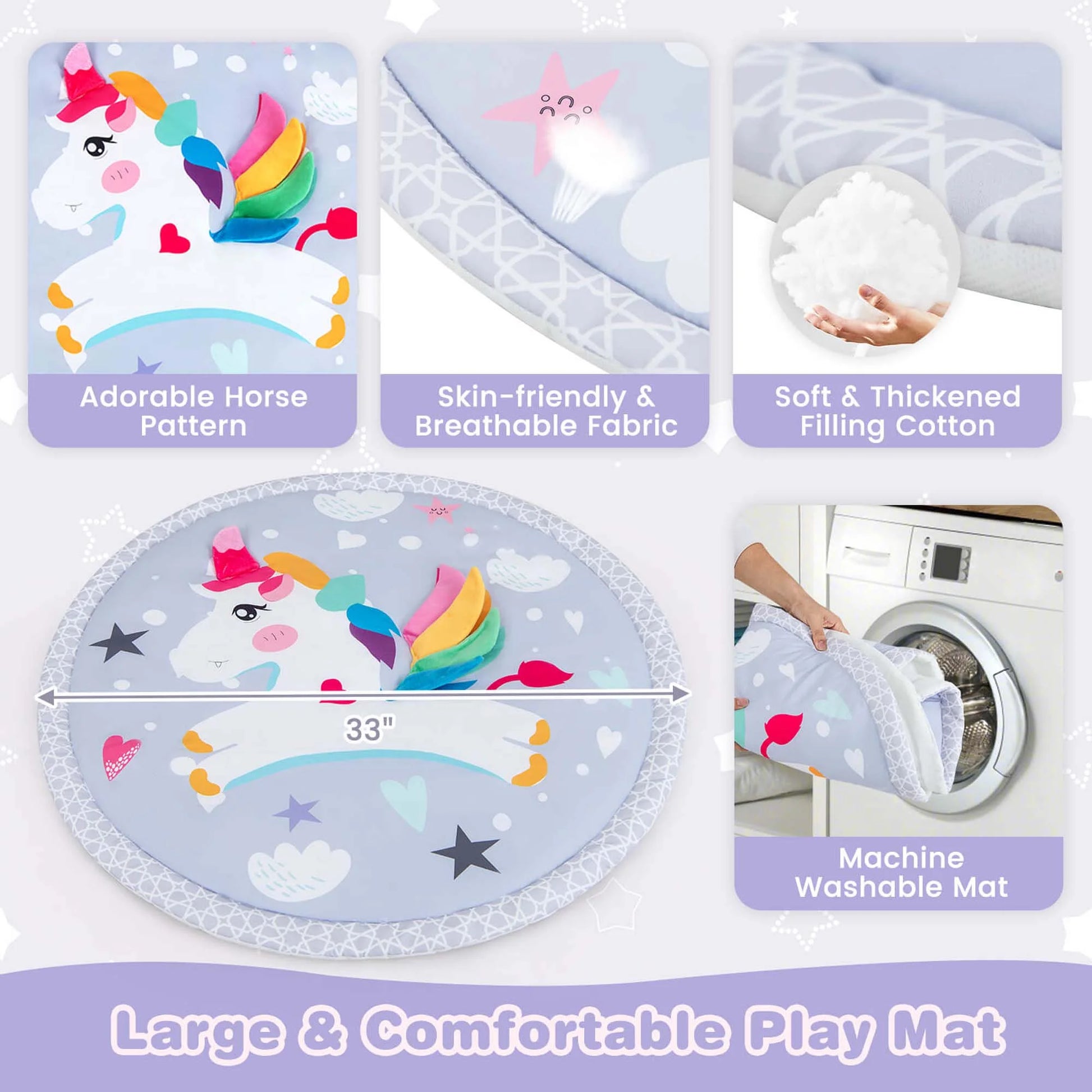 Baby Play Gym Mat Thicker Tummy Time Mat with 5 Detachable Hanging