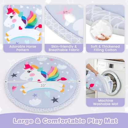 Baby Play Gym Mat Thicker Tummy Time Mat with 5 Detachable Hanging