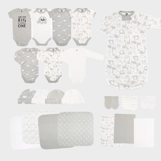 Newborn Baby Layette Gift Set for Boys and Girls, Shower Gift Essentials, Grey Sleepy Elephants