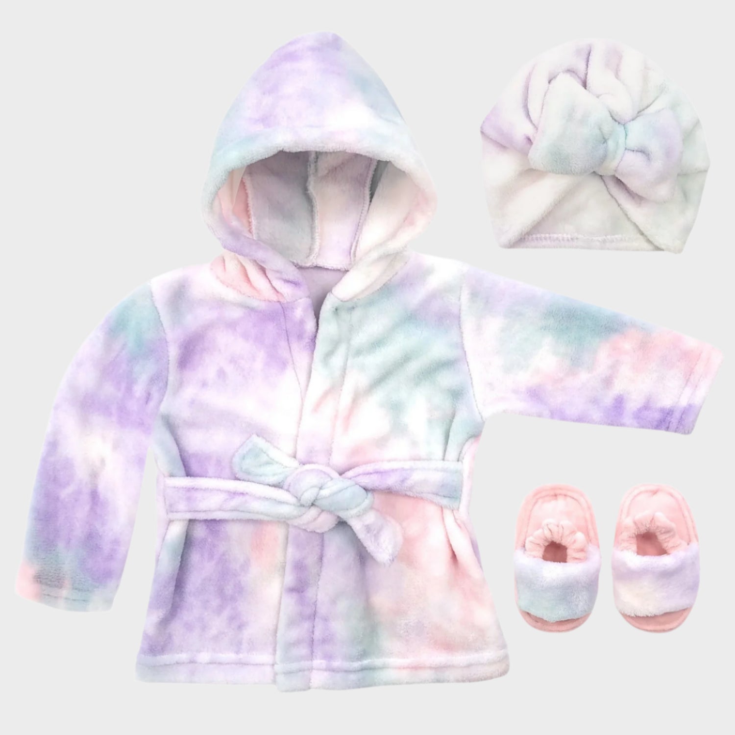 Baby Robe - Soft Plush Bath Towel Robe Spa Set - Baby Bathrobe Towel & Slippers for Boys + Turban for Girls Robe Set (Tie Dye, 12-24 Months)