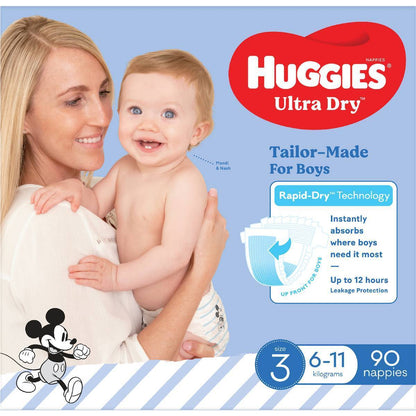 Huggies Ultra Dry Nappies Boys Size 3 (6-11Kg) 90 Pack