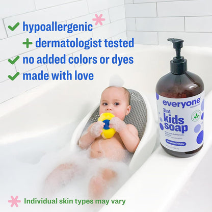 Everyone 3-In-1 Kids Soap, Body Wash, Bubble Bath, Shampoo, 32 Ounce (Pack of 2), Lavender Lullaby, Made with Essential Oils for Toddlers, Tweens and Teens