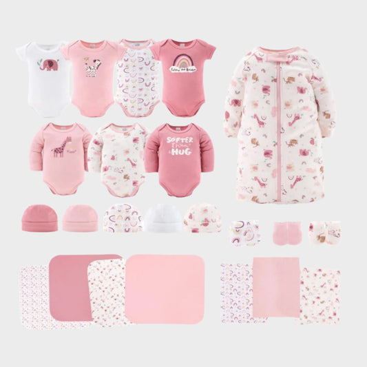 Newborn Layette Gift Set for Baby Girls, 23 Essential Pieces, Pink Rainbow Safari Animals, 0-3 Months