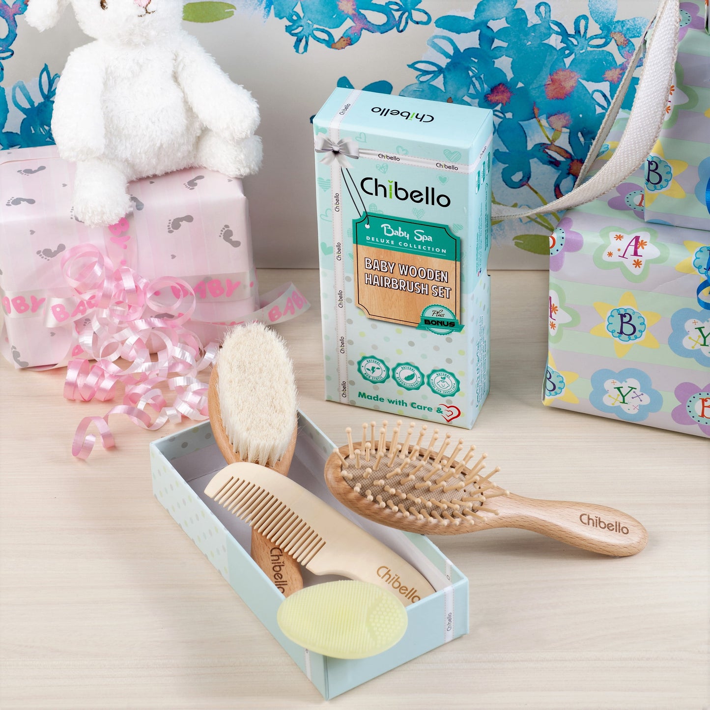 Baby Wooden Hairbrush Set, Includes Soft Goat Bristles Hairbrush for Cradle Cap Treatment, 4 Piece Set