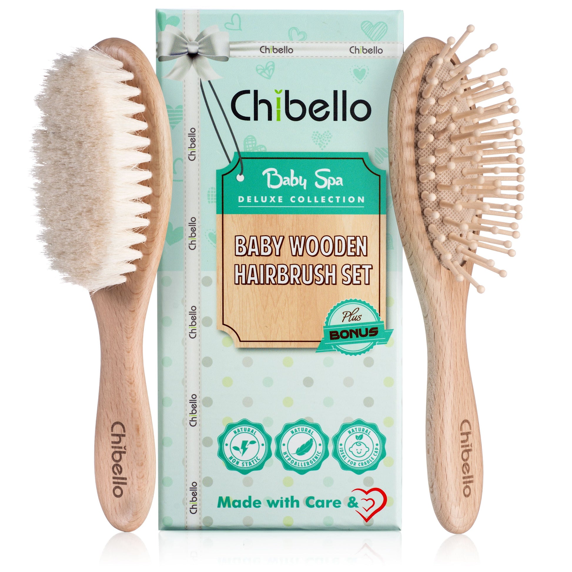Baby Wooden Hairbrush Set, Includes Soft Goat Bristles Hairbrush for Cradle Cap Treatment, 4 Piece Set