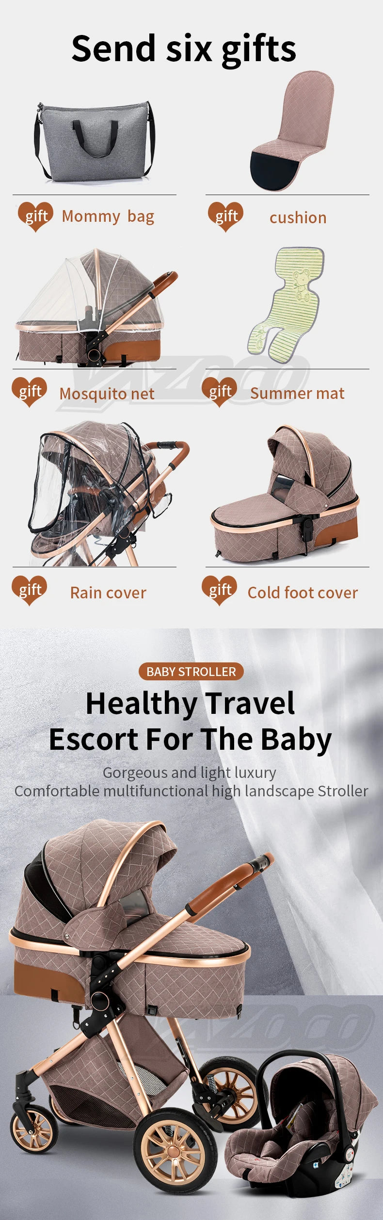 Poussette de luxe et système de voyage léger combiné et siège auto pour bébé