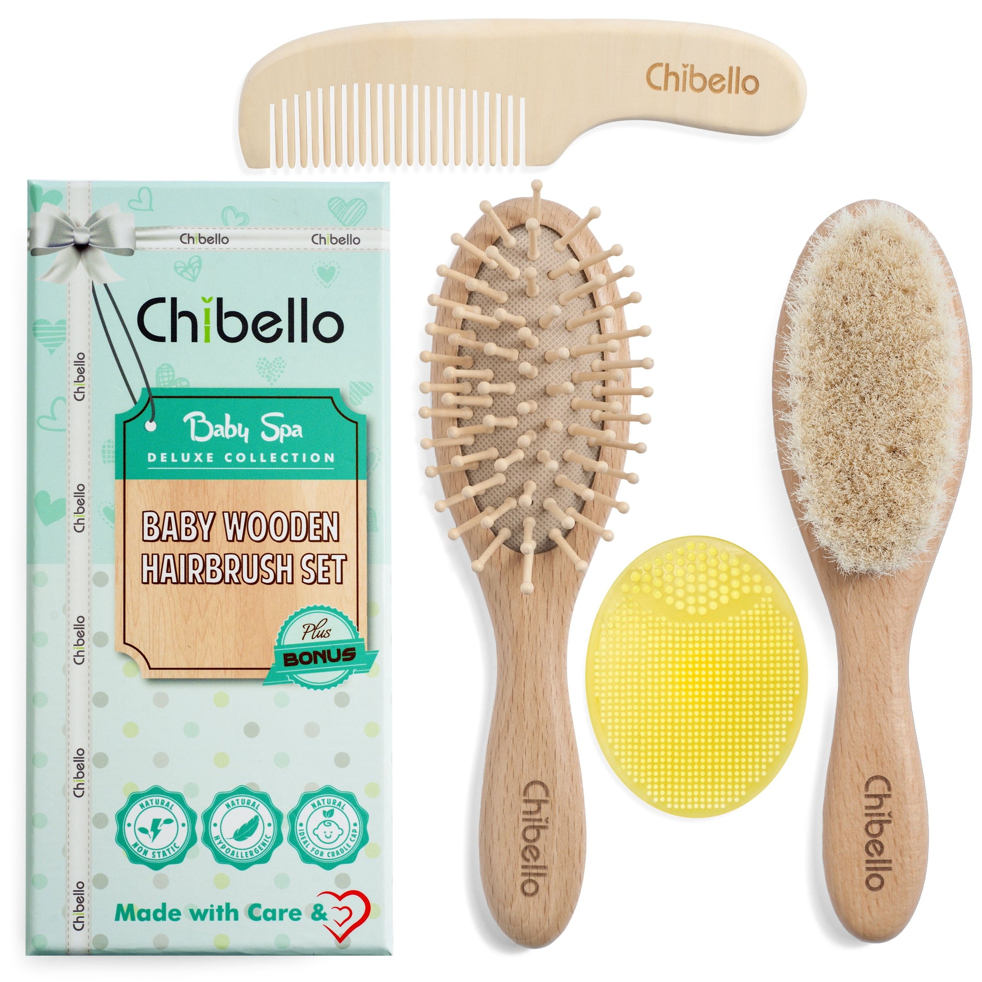 Baby Wooden Hairbrush Set, Includes Soft Goat Bristles Hairbrush for Cradle Cap Treatment, 4 Piece Set