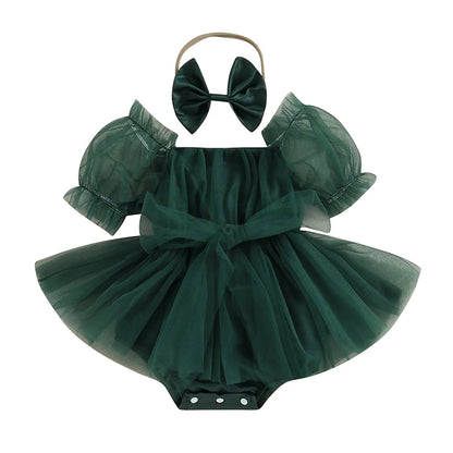 0-24M Summer Baby Girl Rompers Newborn Infant Toddler Tulle Bow Jumpsuit And Headband Princess Baby Girl Christmas Outfits