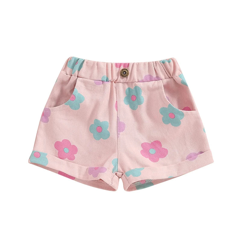 2024-04-05 Lioraitiin Short en jean d'été pour petites filles, taille élastique, imprimé floral fraise, avec poches
