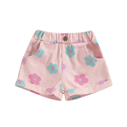 2024-04-05 Lioraitiin Short en jean d'été pour petites filles, taille élastique, imprimé floral fraise, avec poches
