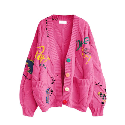 Embroidery Knitted V Neck Cardigan