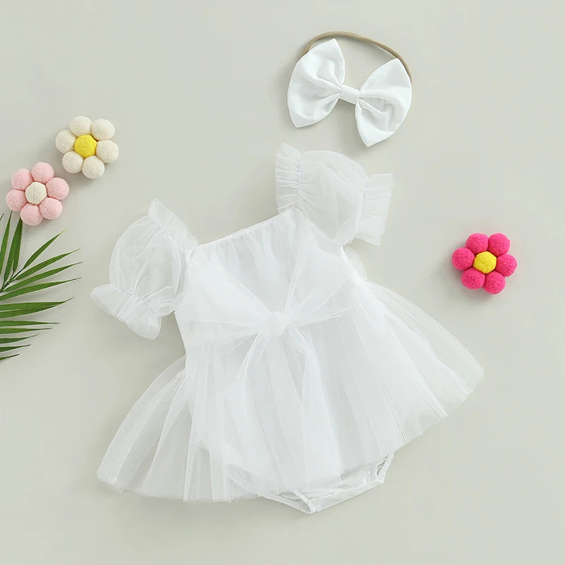 Romper Dress Short Puff with Bow Headband