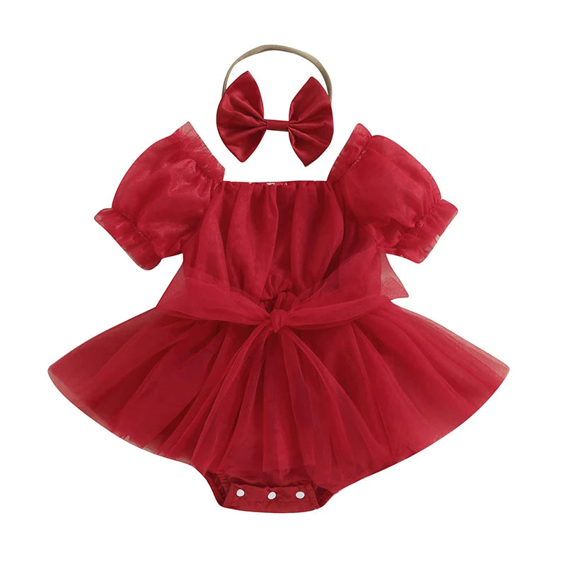 0-24M Summer Baby Girl Rompers Newborn Infant Toddler Tulle Bow Jumpsuit And Headband Princess Baby Girl Christmas Outfits