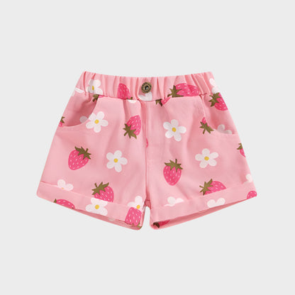 2024-04-05 Lioraitiin Short en jean d'été pour petites filles, taille élastique, imprimé floral fraise, avec poches