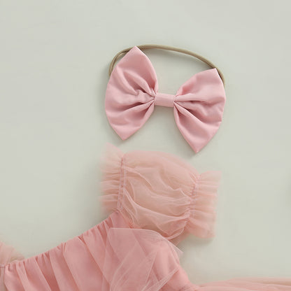 Romper Dress Short Puff with Bow Headband