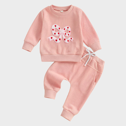 2 Piece Set Embroidery Bow Hoodie with Sweatpants