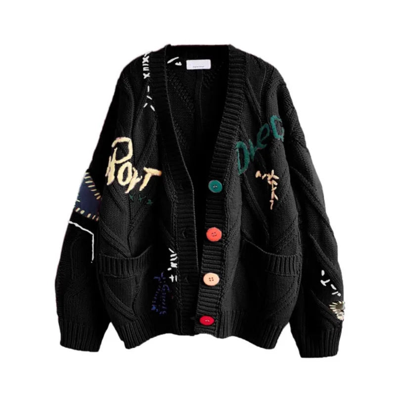 Embroidery Knitted V Neck Cardigan
