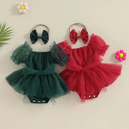 0-24M Summer Baby Girl Rompers Newborn Infant Toddler Tulle Bow Jumpsuit And Headband Princess Baby Girl Christmas Outfits