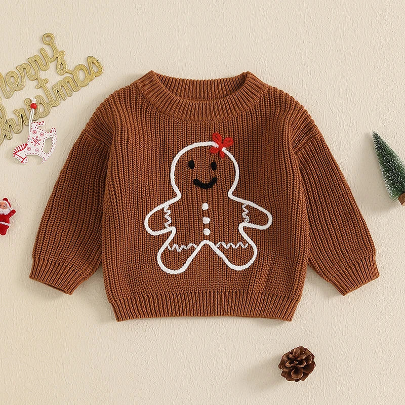 Pull de Noël pour tout-petits filles et garçons, vêtements de bonhomme en pain d'épice, broderie, col ras du cou, manches longues, pulls pour enfants, automne hiver