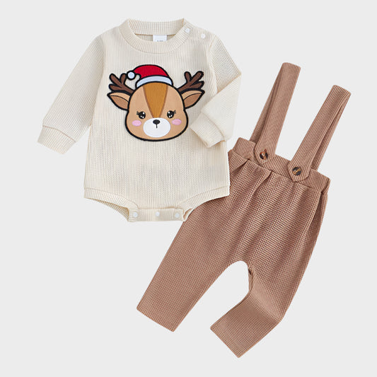 2 Piece Set Christmas Outfits Deer Linen Blend Overall Set
