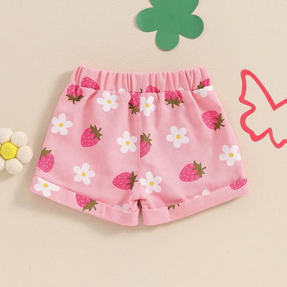 2024-04-05 Lioraitiin Short en jean d'été pour petites filles, taille élastique, imprimé floral fraise, avec poches