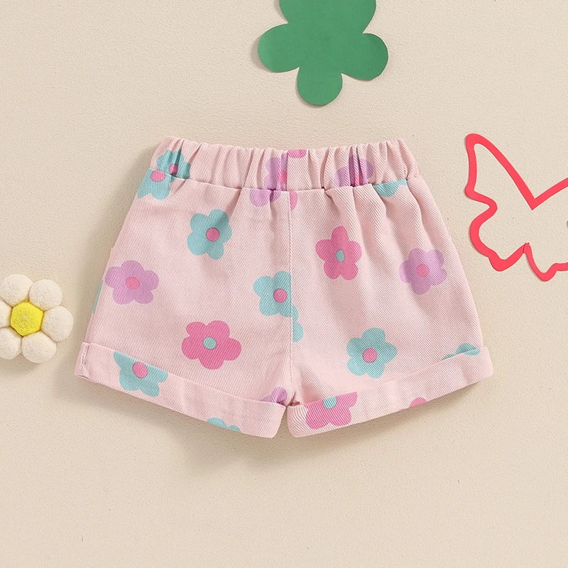 2024-04-05 Lioraitiin Short en jean d'été pour petites filles, taille élastique, imprimé floral fraise, avec poches