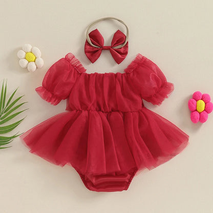 0-24M Summer Baby Girl Rompers Newborn Infant Toddler Tulle Bow Jumpsuit And Headband Princess Baby Girl Christmas Outfits