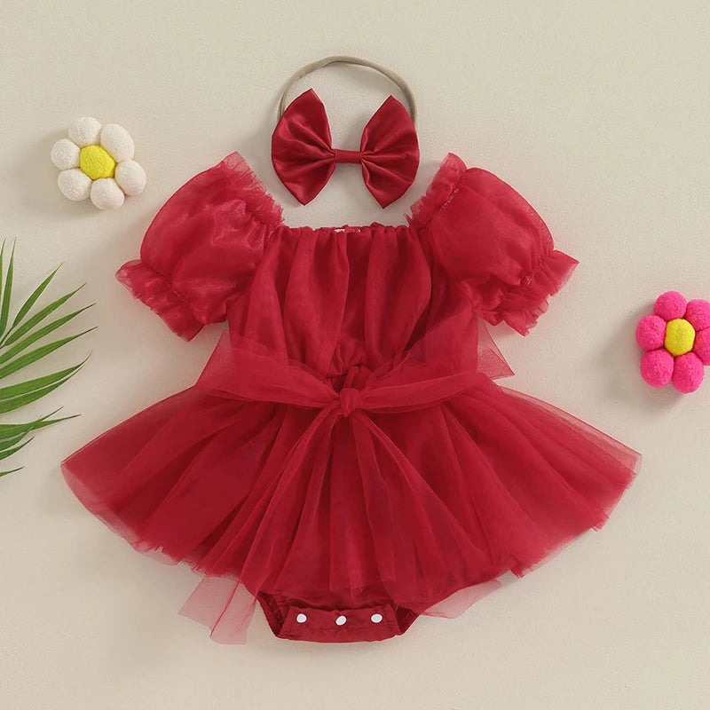 0-24M Summer Baby Girl Rompers Newborn Infant Toddler Tulle Bow Jumpsuit And Headband Princess Baby Girl Christmas Outfits