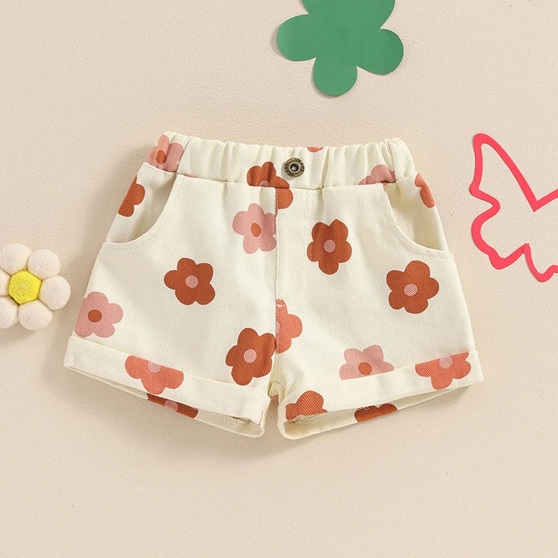 2024-04-05 Lioraitiin Short en jean d'été pour petites filles, taille élastique, imprimé floral fraise, avec poches