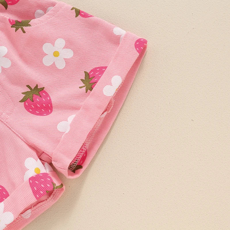 2024-04-05 Lioraitiin Short en jean d'été pour petites filles, taille élastique, imprimé floral fraise, avec poches