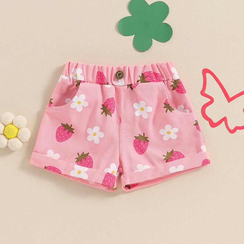2024-04-05 Lioraitiin Short en jean d'été pour petites filles, taille élastique, imprimé floral fraise, avec poches