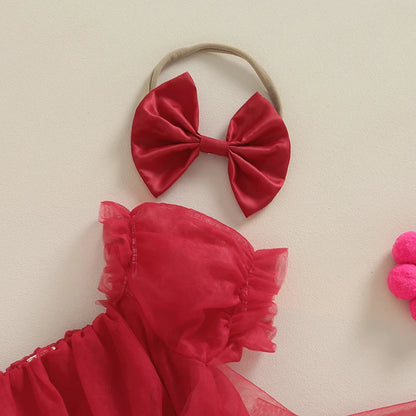 0-24M Summer Baby Girl Rompers Newborn Infant Toddler Tulle Bow Jumpsuit And Headband Princess Baby Girl Christmas Outfits