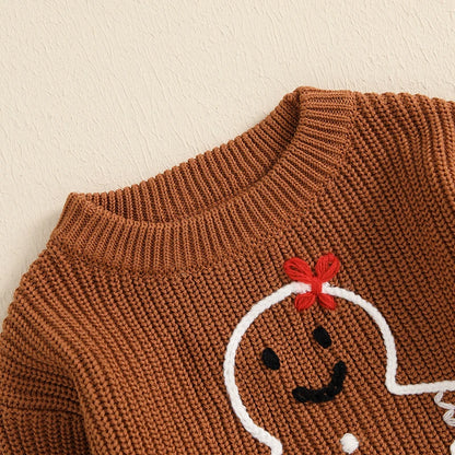 Pull de Noël pour tout-petits filles et garçons, vêtements de bonhomme en pain d'épice, broderie, col ras du cou, manches longues, pulls pour enfants, automne hiver