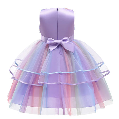 1 2 3 4 5 6 8 10 Years Flowers Baby Girls Dress Summer Rainbow Mesh Little Princess Dress Piano Performance Costume Kids Clothes