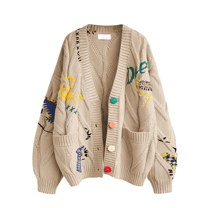 Embroidery Knitted V Neck Cardigan