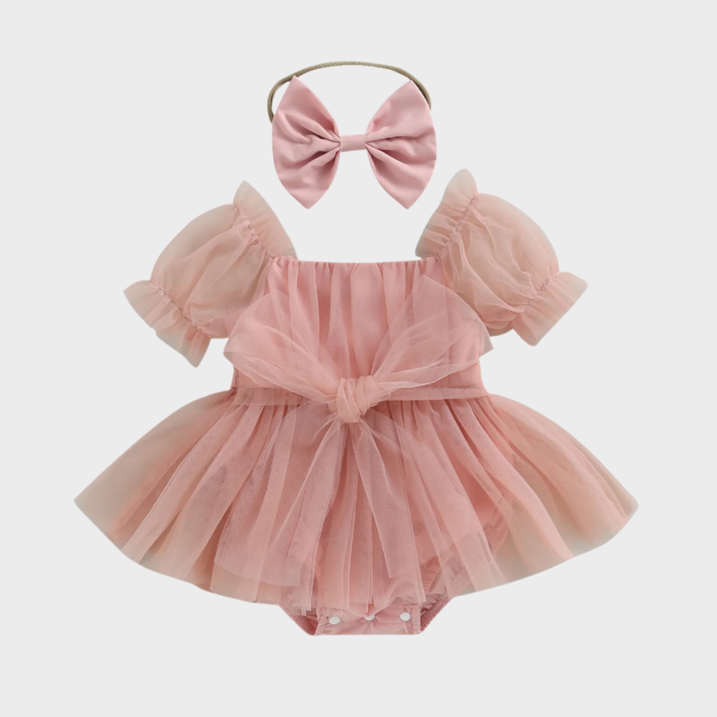 Romper Dress Short Puff with Bow Headband