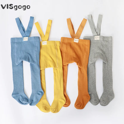 VISgogo Baby Girl Boys Tights Cute Footed Pantyhose with Suspenders Stretch Overalls Stockings Infant Leggings