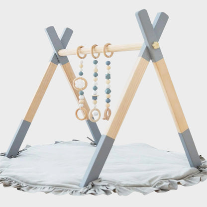 Wooden Baby Play Gym with Mat, Baby Play Gym Frame Activity Gym Hanging Bar with 5 Gym Baby Toys Gift for Newborn Baby