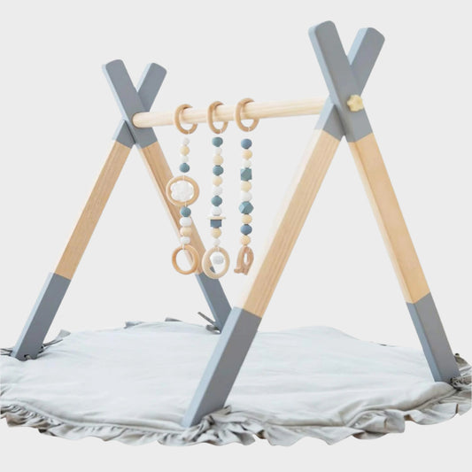 Wooden Baby Play Gym with Mat, Baby Play Gym Frame Activity Gym Hanging Bar with 5 Gym Baby Toys Gift for Newborn Baby