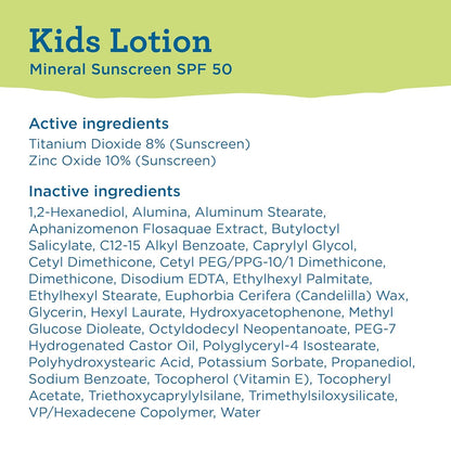 Kids Mineral SPF 50 Sunscreen Lotion, 100% Mineral, Children’S Sunscreen, Water-Resistant Formula, Paraben-Free, Fragrance-Free, 5 Fl Oz